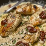 Delicious pan-seared chicken breasts in a creamy herb sauce, served over rice.