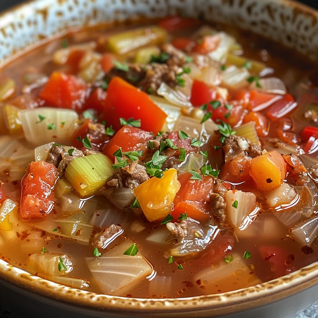 A pot of cabbage soup with yellow bell peppers and a head of cabbage in the background.