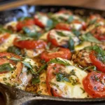 Grilled chicken breast topped with fresh mozzarella, cherry tomatoes, and basil in a skillet.