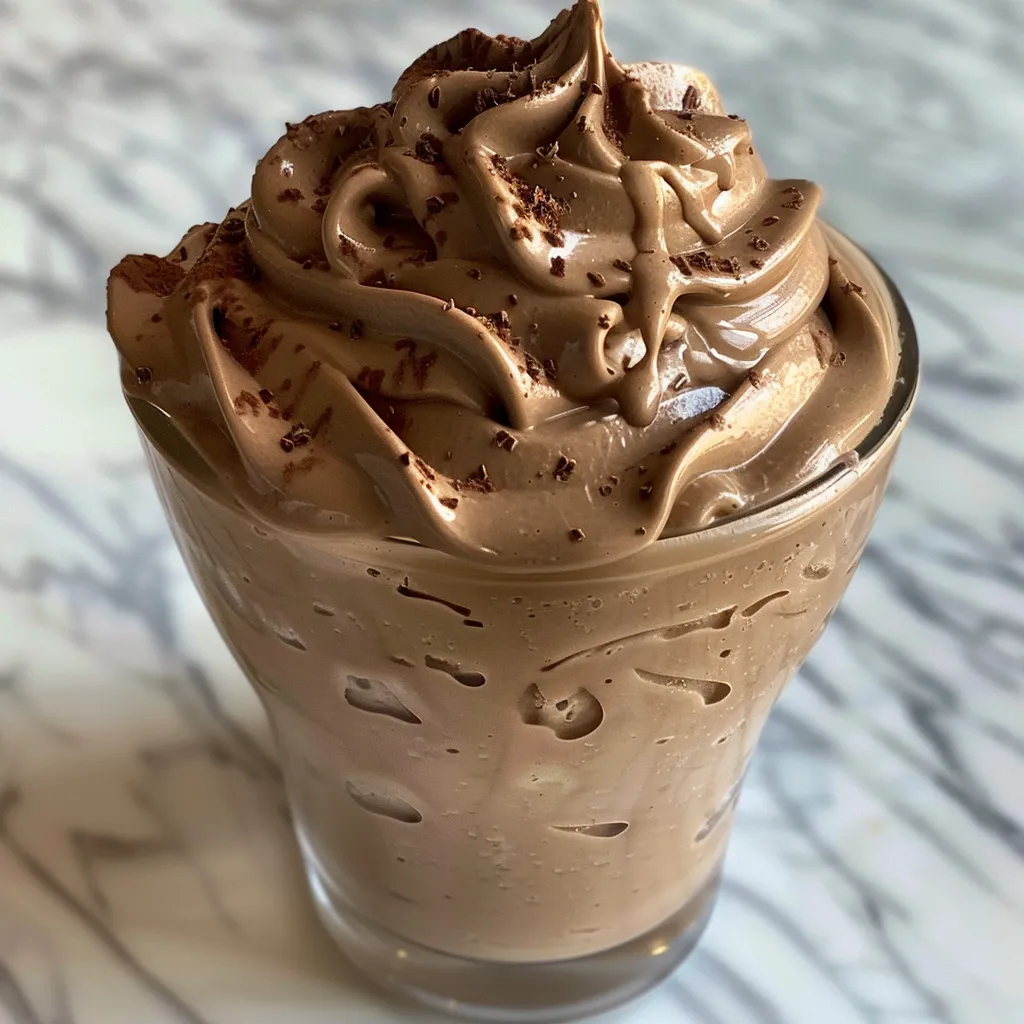 Two glasses of chocolate frosty on a red and white checkered cloth.