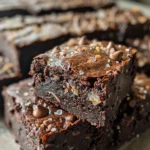 A stack of three delicious chocolate zucchini brownies on a white plate.