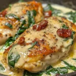 Deliciously Light Baked Tuscan Chicken served with potato wedges.