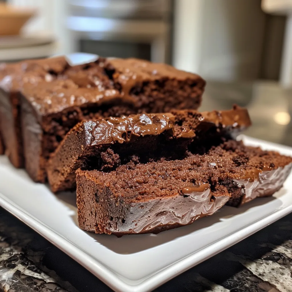 Slices of moist double chocolate zucchini bread on a white plate.