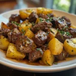 Close-up of garlic butter beef bites and roasted potatoes, garnished with parsley.