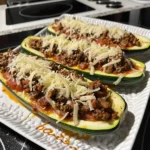 Close-up of four zucchini boats filled with seasoned ground beef and melted cheese, garnished with parsley.