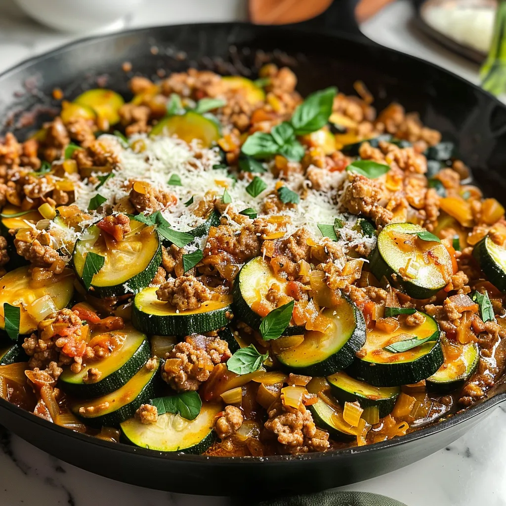 A skillet of ground turkey and zucchini, topped with fresh parsley.