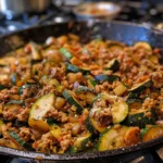 A skillet of ground turkey and zucchini, topped with fresh parsley.