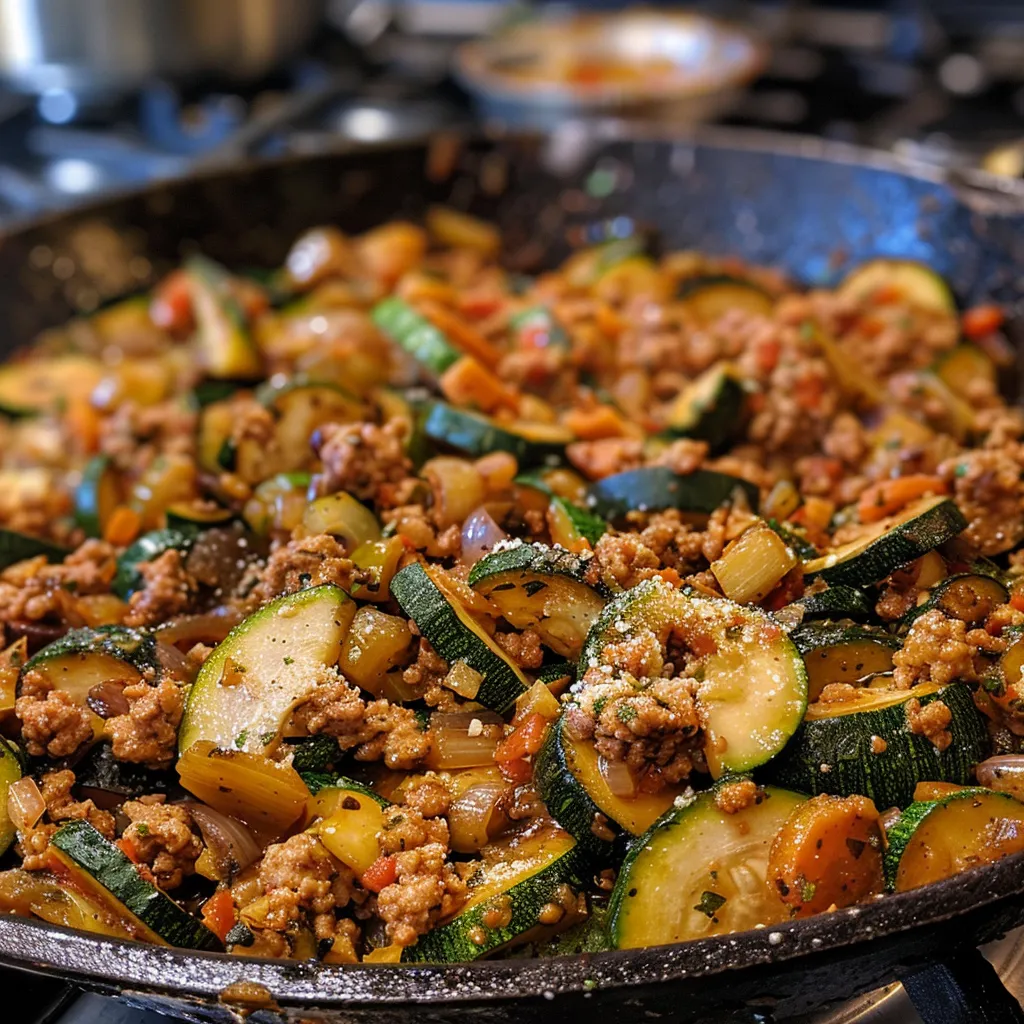 A skillet of ground turkey and zucchini, topped with fresh parsley.
