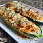 High-protein buffalo chicken stuffed zucchini boats topped with ranch dressing and parsley.