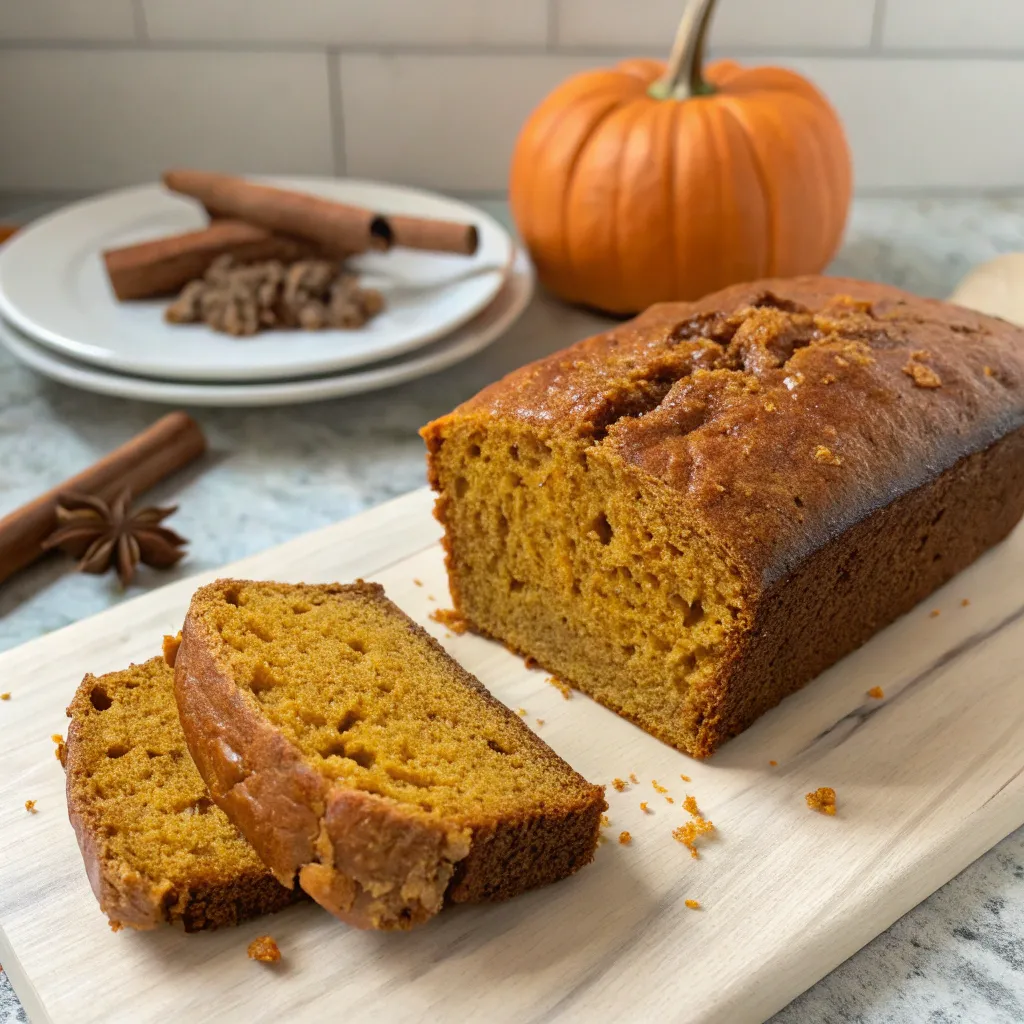 A loaf of homemade pumpkin bread sliced and displayed on a white surface.