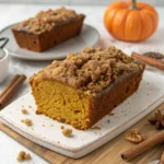 A hand breaking off a piece of delicious streusel-topped pumpkin bread.