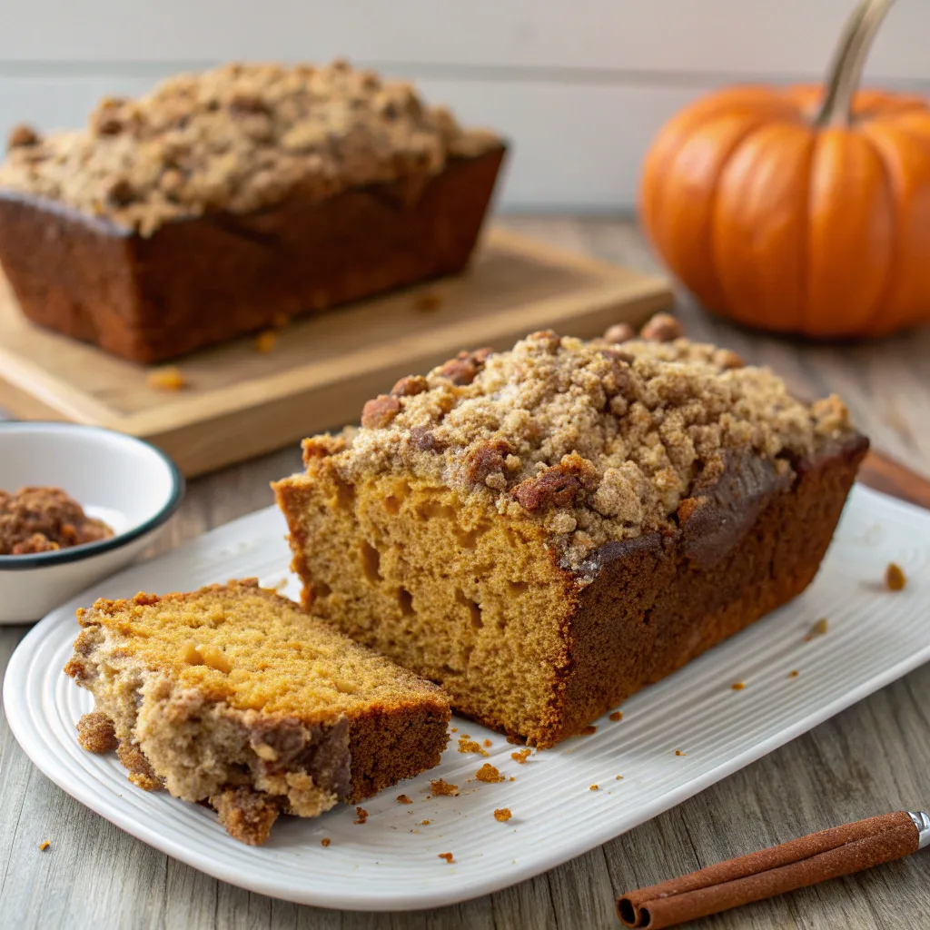 Sliced pumpkin streusel bread on a cooling rack.
