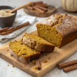 A loaf of moist pumpkin bread with a light glaze, resting on a cooling rack.