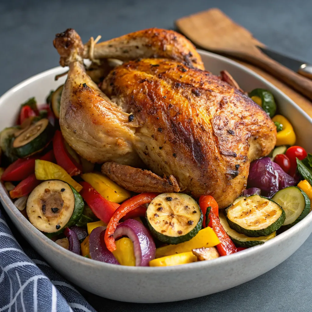 Air fryer roasted chicken and vegetables: A close-up overhead shot of a white plate filled with seasoned chicken pieces and roasted vegetables.