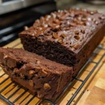 Indulgent chocolate zucchini bread loaf topped with chocolate chips.