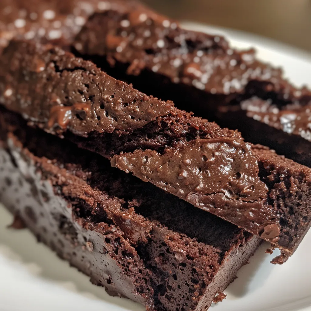 Slices of fudgy chocolate zucchini bread topped with chocolate chips, served on a light-blue oval plate.