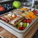 A collage showcasing eight delicious and diverse lunchbox filler ideas, including sushi, baked goods, mini quiches, and more.