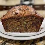 Two slices of moist chocolate chip zucchini bread on a white plate.
