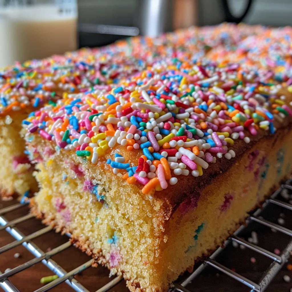 A tray of freshly baked, square sprinkle sponge cakes, cut into individual portions and covered in colorful sprinkles.