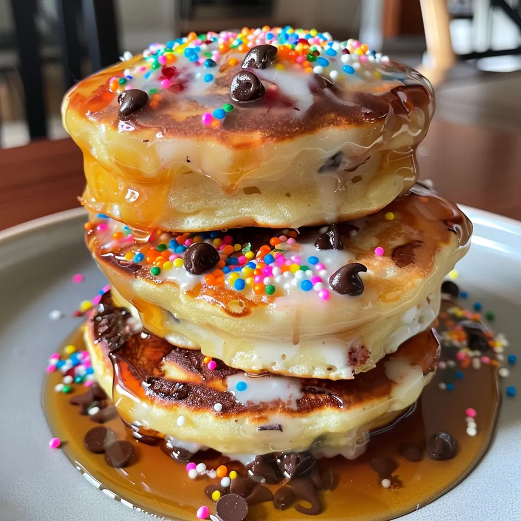 A plate of delicious pancake donuts topped with colorful sprinkles.