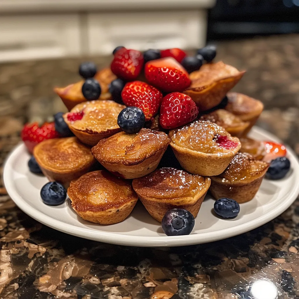 Assorted mini pancake muffins with chocolate chips and berries.