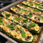 Close-up of three zucchini boats filled with spinach, mushrooms, ricotta, and cheese, baked until golden brown.