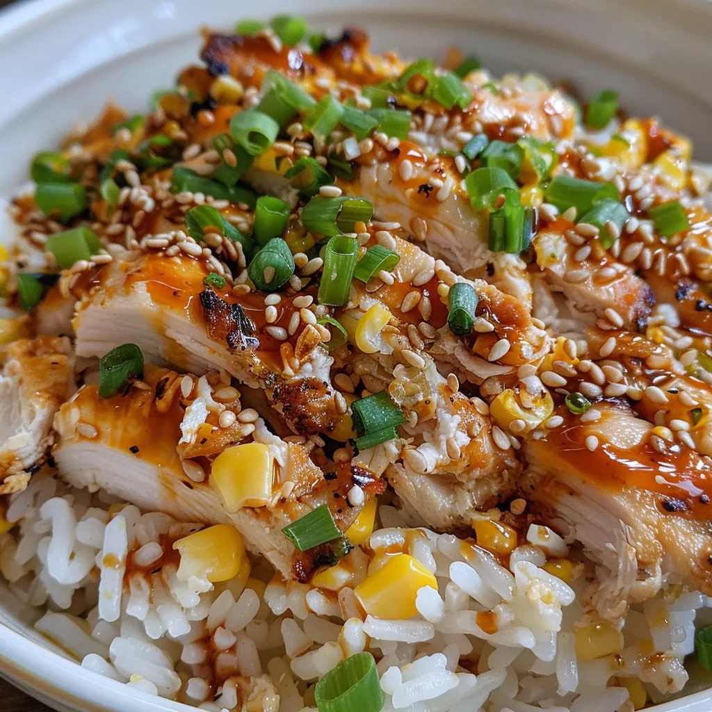 Grilled chicken and corn rice bowl with creamy sauce and lime.