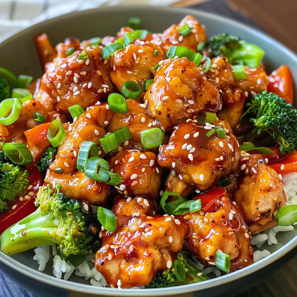 Sweet chili chicken served over a bed of white rice, garnished with green onions and sesame seeds.