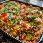 Close-up of a bubbly taco casserole topped with ground beef, bell peppers, onions, and cheese.