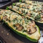 Close-up of several zucchini boats filled with a creamy mushroom and spinach mixture, topped with melted cheese.