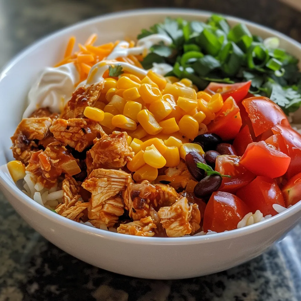 A Weight Watchers burrito bowl with rice, beans, corn, tomatoes, cheese, and sour cream.
