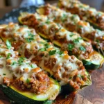 A plate of zucchini boats filled with seasoned ground meat and melted cheese.