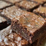 Close-up of a fudgy, chocolate zucchini brownie with a chocolate ganache topping.