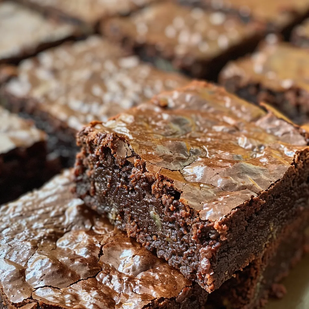 Close-up of a fudgy, chocolate zucchini brownie with a chocolate ganache topping.