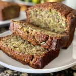 Slices of moist zucchini banana bread on a wooden cutting board, next to a banana.