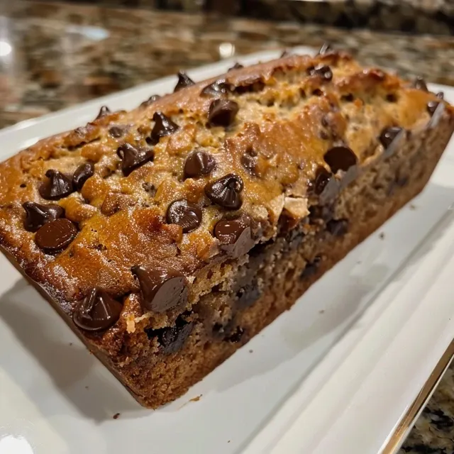 A slice of delicious chocolate chip banana bread on a speckled plate.
