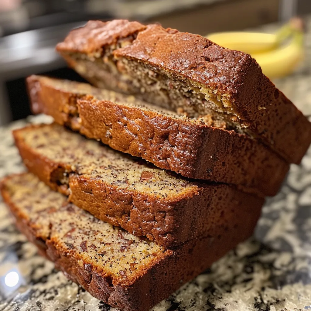 Delicious loaf of almond flour banana bread sliced on a wooden board, with bananas and almonds scattered around.