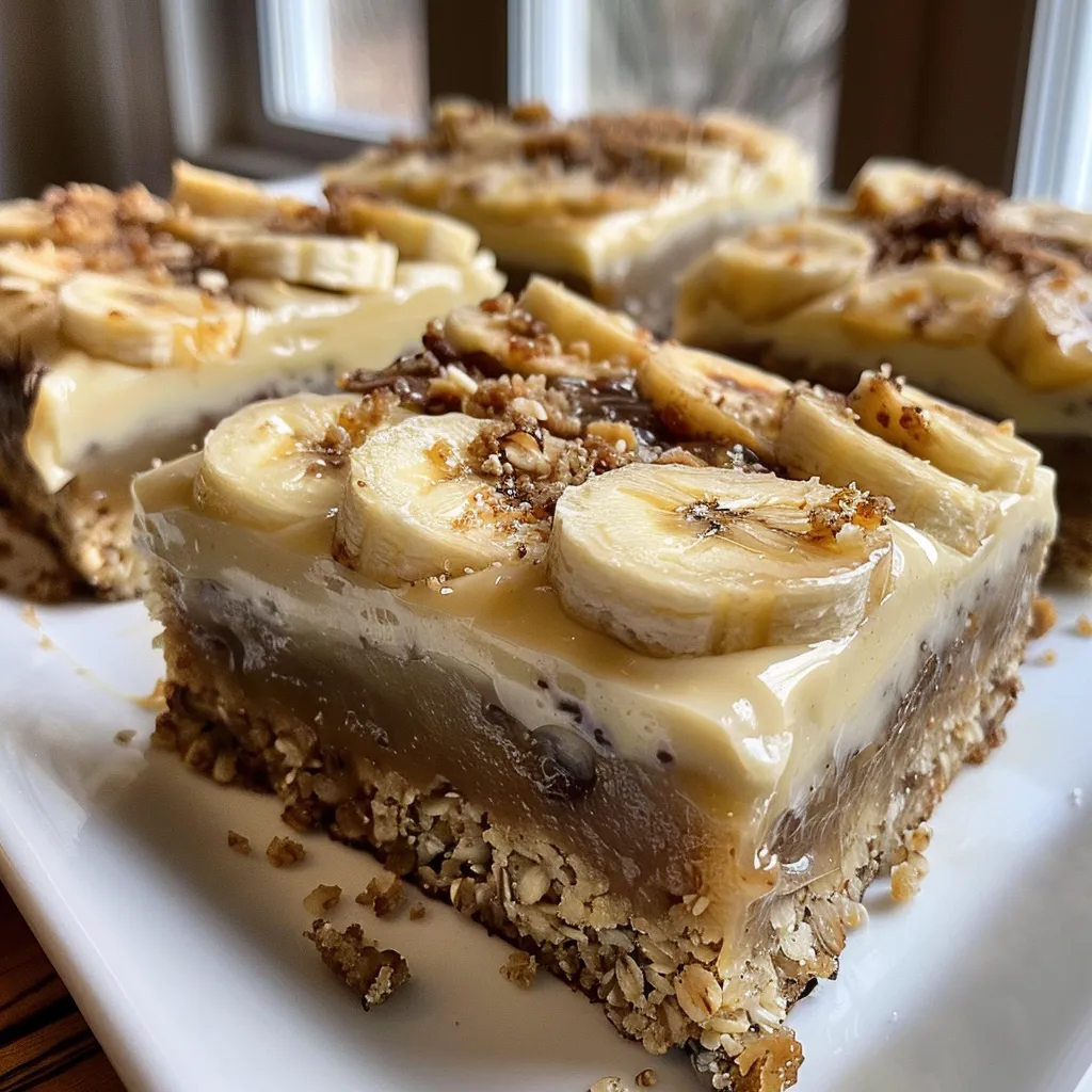 Close-up of several banana bread bars topped with brown butter frosting.