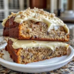 Slice of banana bread cake layered with cream cheese frosting and topped with banana slices and chocolate shavings.