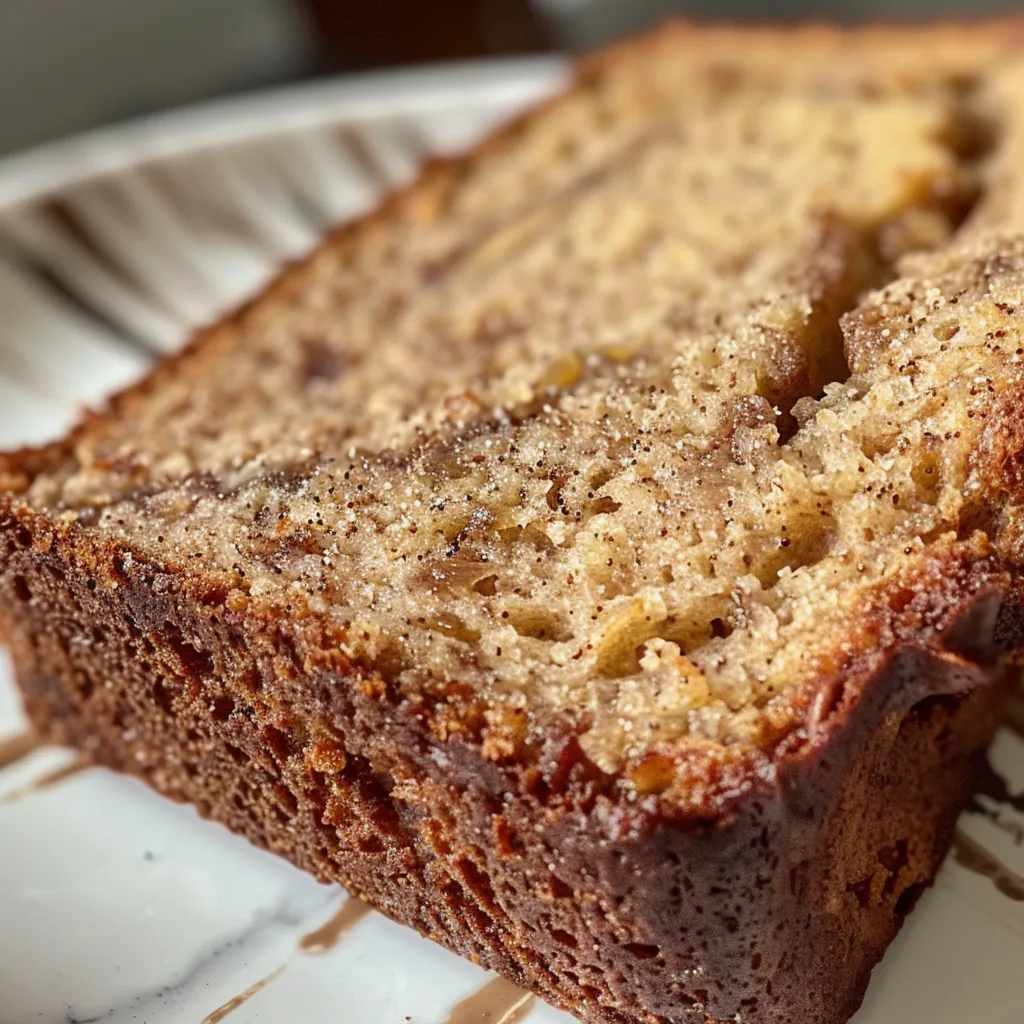 Slices of moist banana bread on a wooden cutting board.