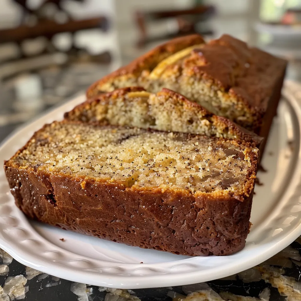 A loaf of 3-ingredient banana bread sliced on a wooden board, with bananas and eggshells in the background.