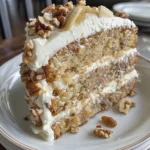 Delicious banana cake with cream cheese frosting and walnuts.