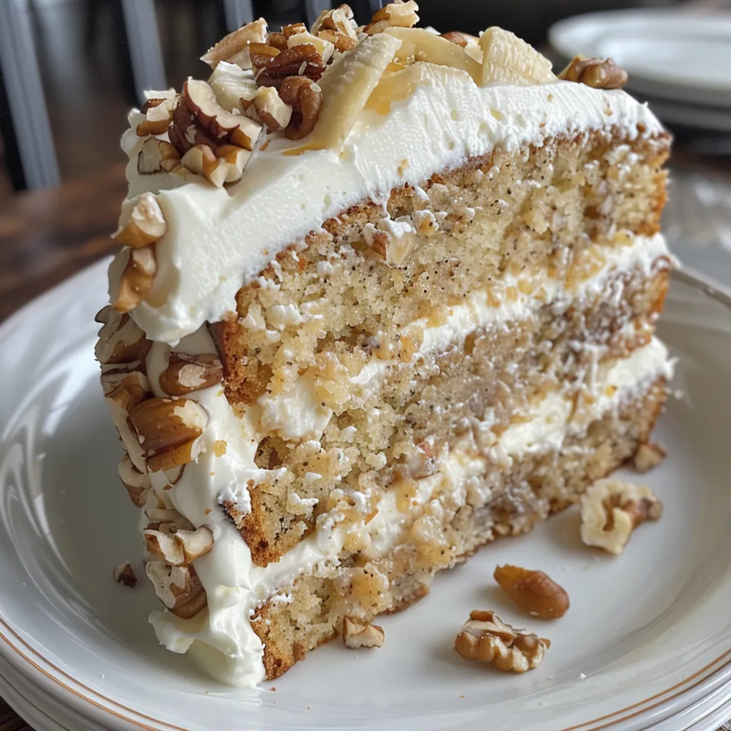 Delicious banana cake with cream cheese frosting and walnuts.