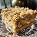 Close-up of a delicious slice of banana crumb cake on a white plate.