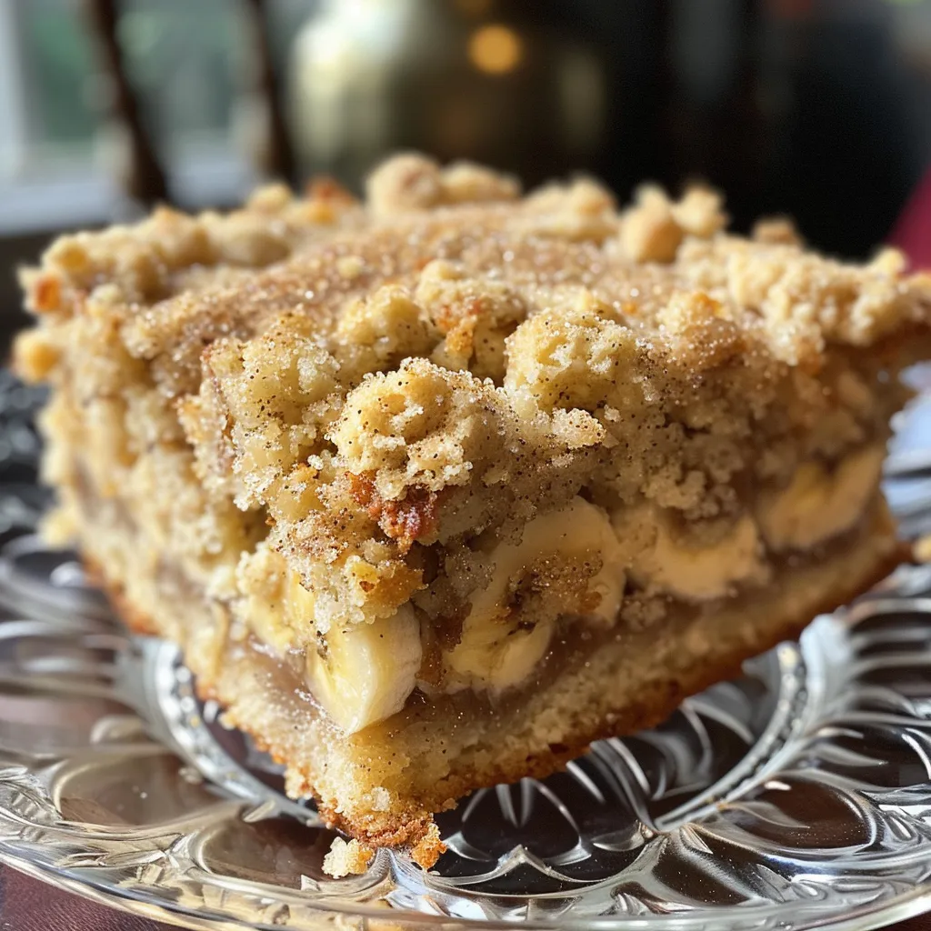 Close-up of a delicious slice of banana crumb cake on a white plate.