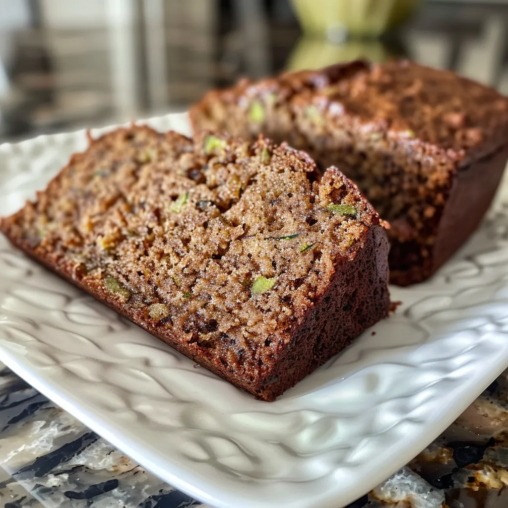 Close-up of slices of moist banana zucchini bread with poppy seeds.