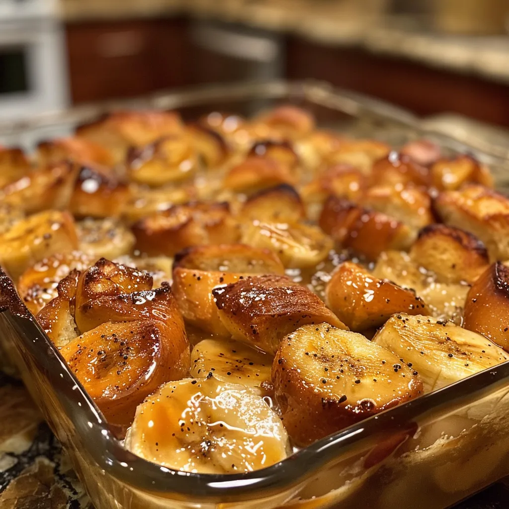 Close-up of Bananas Foster Bread Pudding in a white bowl, with a spoon scooping a piece.