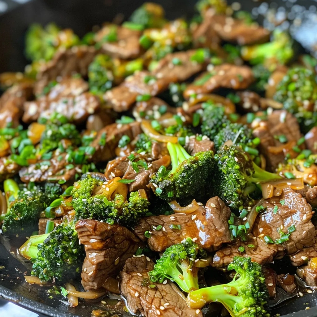 Close-up of a skillet filled with delicious beef and broccoli stir-fry.