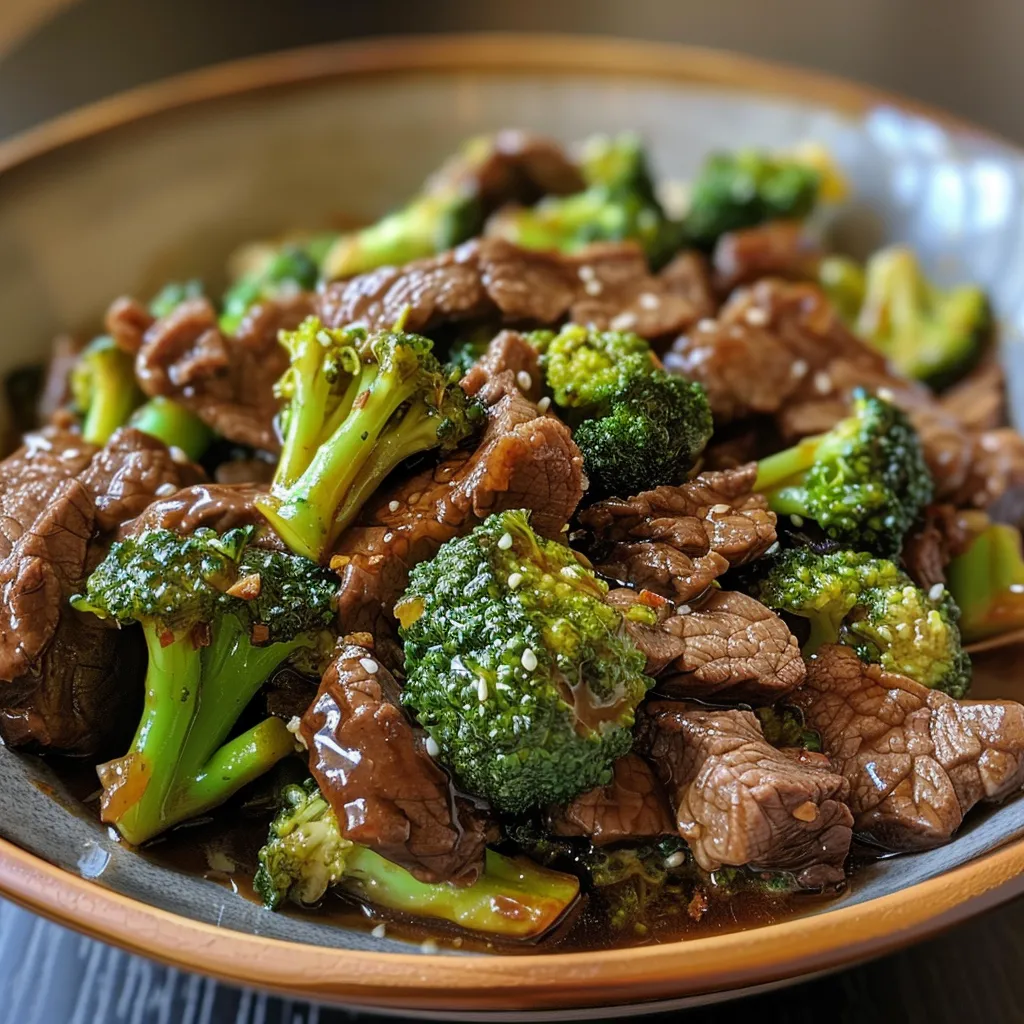 Close-up of a delicious beef and broccoli stir-fry, garnished with sesame seeds.