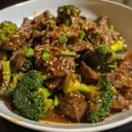 Delicious beef and broccoli stir-fry in a white skillet.